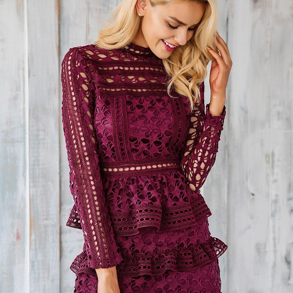 Wholesale7 Euro Style Hollow Out Lace Tiered Dress Wholesale7 Euro Style Hollow Out Lace Tiered Dress