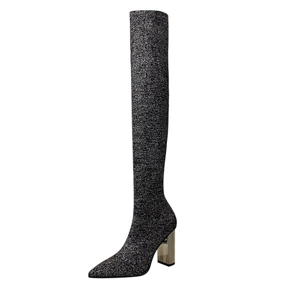 Pointed Toe Chunky Solid Thigh High Boots