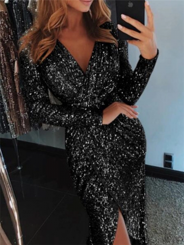 Sexy Split V Neck Fitted Sequin Dress