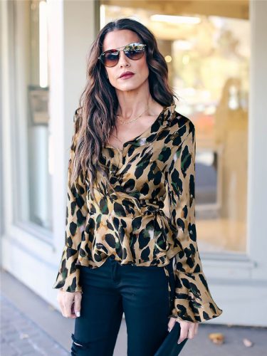 V Neck Flare Sleeve Leopard Print Blouse For Women