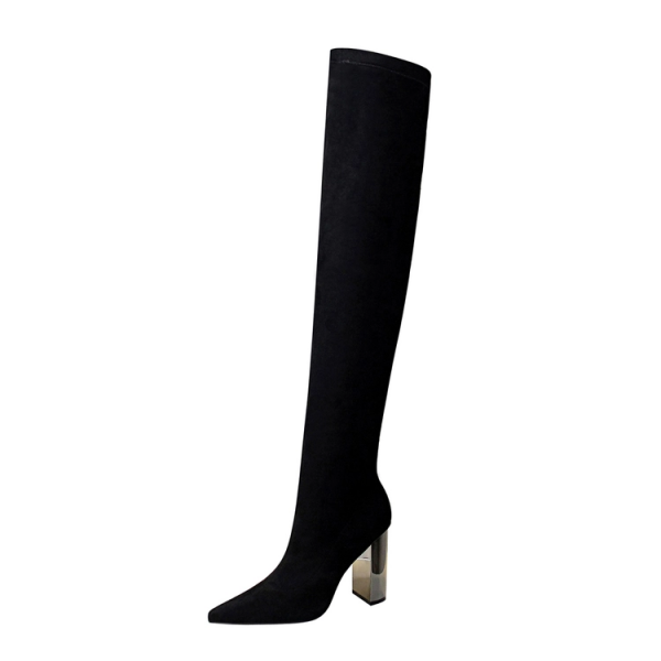 Velvet Pointed Top Chunky Knee High Boots