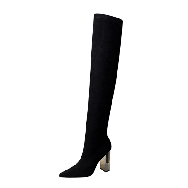 Velvet Pointed Top Chunky Knee High Boots Velvet Pointed Top Chunky Knee High Boots