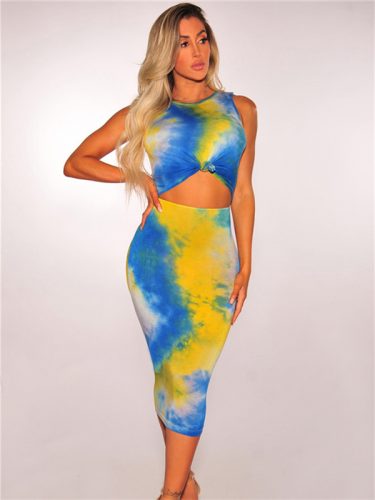Euro Hollow Out Tie-Dyed Sleeveless Dresses
