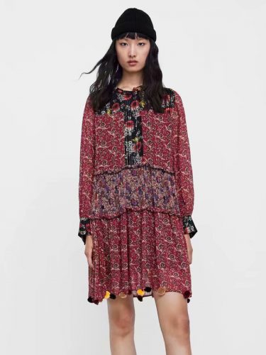 National Style Floral Long Sleeves Loose Chiffon Dress