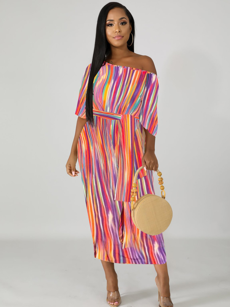 Loose Inclined Shoulder Colorful Striped Casual Maxi Dresses