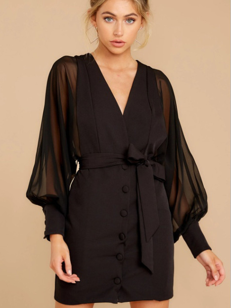 Ol Style Black Lace Up Long Sleeve Dress 