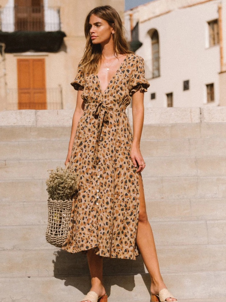 Single-Breasted v Neck Leopard Maxi Dresses