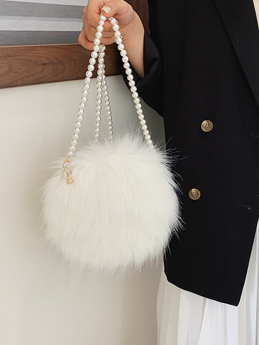 Faux Pearl Chain White Furry Bag For Ladies