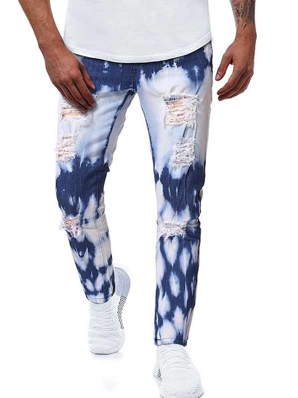 Mid Waist Printing Ripped Jeans For Men
