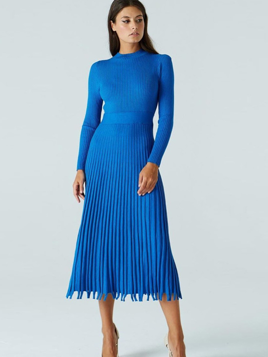 Stand Neck Knitting Long Sleeve Pleated Maxi Dress
