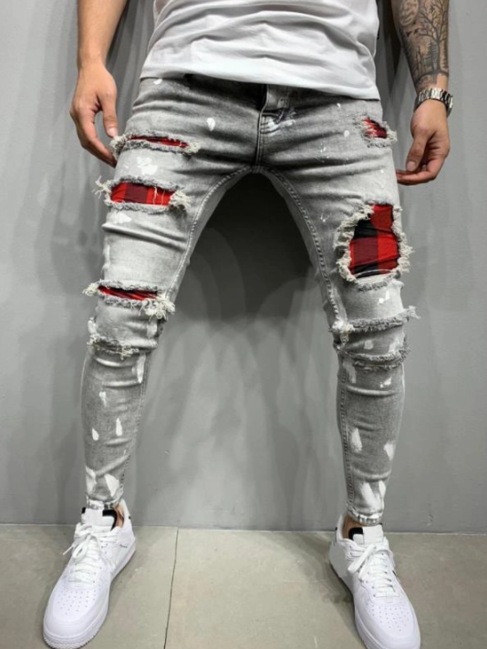 Street Plaid Patchwork Ripped Jeans