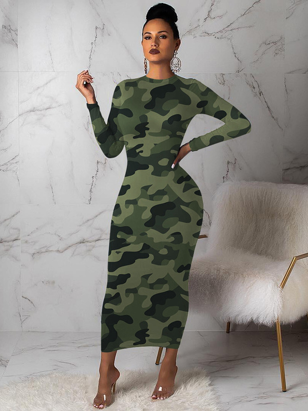 O Neck Camouflage Long Sleeve Maxi Dress