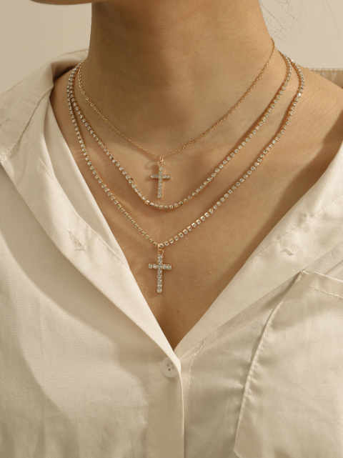 Shiny Rhinestone Cross Pendant Layered Necklace