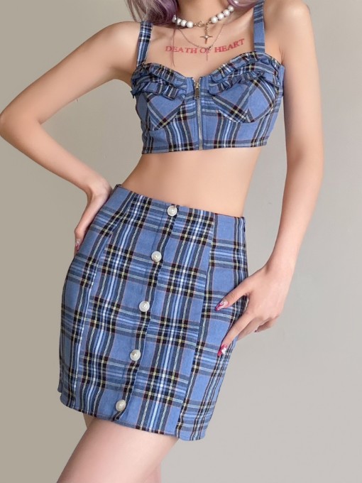 Plaid Striped Crop Top And Skirt Sets For Summer
