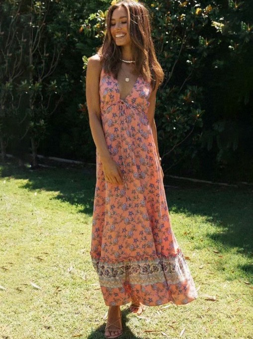V Neck Flower Printed Sleeveless Maxi Dresses Online V Neck Flower Printed Sleeveless Maxi Dresses Online