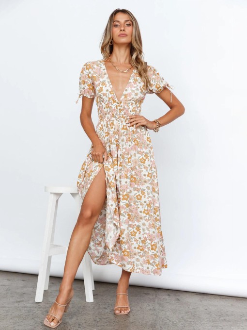 V Neck Printed Slit Summer Maxi Dresses