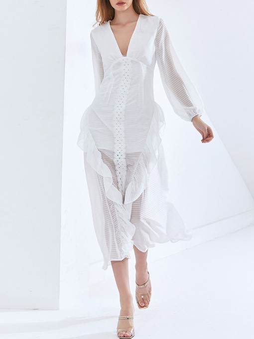 Elegant V Neck White See Through Midi Dress Elegant V Neck White See Through Midi Dress