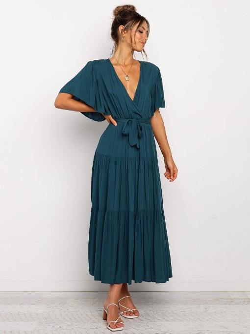 Pure Color Ruffled Short Sleeve Maxi Dress