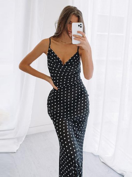 Dots Design Sleeveless Camisole Black Dresses