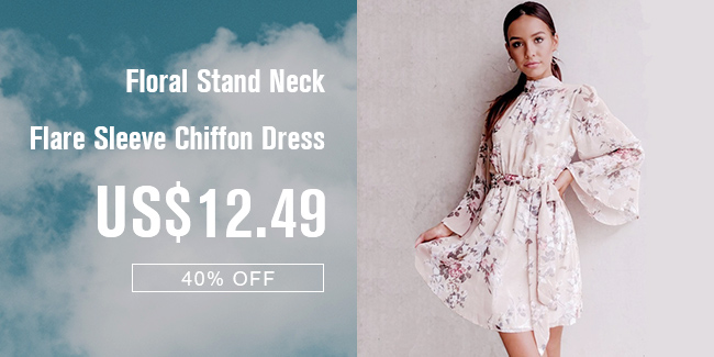 Floral Stand Neck Flare Sleeve Chiffon Dress